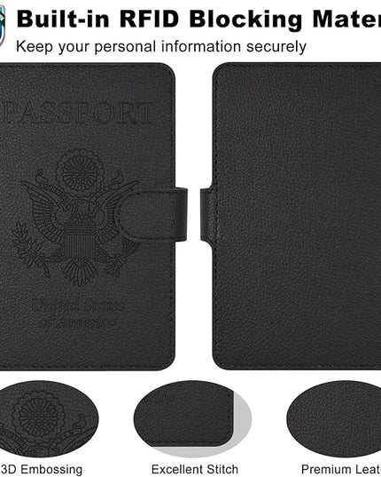 RSAquar Passport Holder for Women and Men, Premium PU Leather Travel Passport Wallet RFID Blocking Passport Cover Travel Documents Organizer (JD-Black)