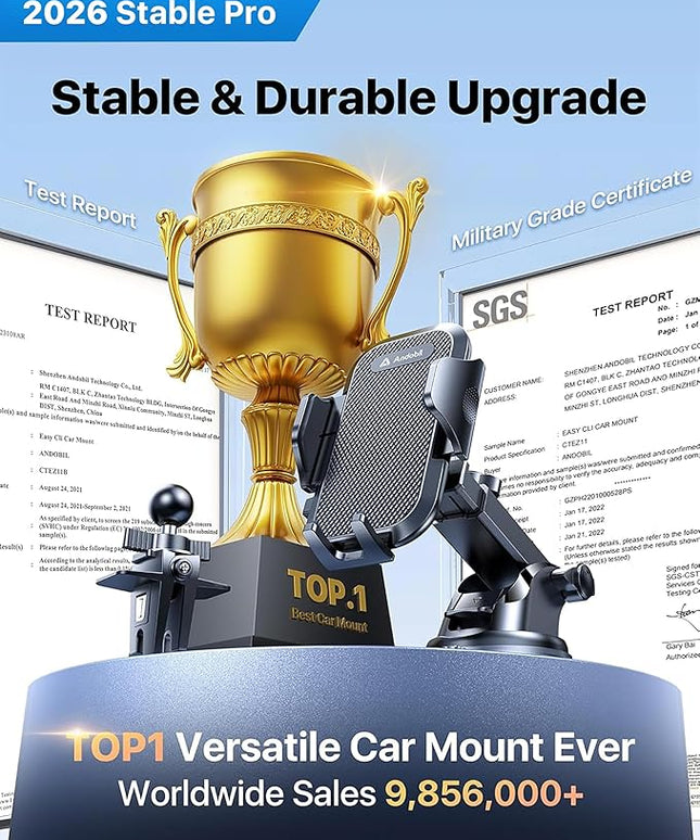 andobil 2026 Military-Grade Car Phone Holder [Upgraded Strongest Suction & Clip] Phone Holders for Your Car, Dashboard Windshield Vent Car Phone Mount for iPhone 17 Pro Max 16 15 14 13 12 Android