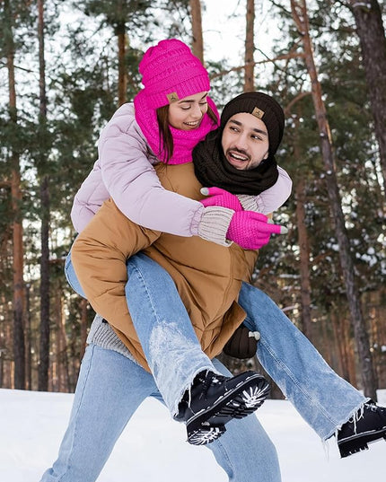 Winter Beanie Hat Scarf Gloves, Warm Fleece Knit Hats Touch Screen Gloves Neck Scarf Set Winter Gifts for Unisex Adult