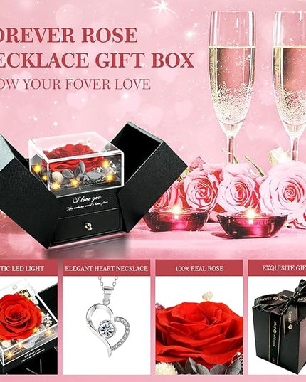Preserved Real Roses with Heart Necklace I Love You in 100 Languages, Romantic Anniversary Christmas Valentines Day Gifts for Her Women Wife Girlfriend Mom, Forever Roses Necklace Gifts Red