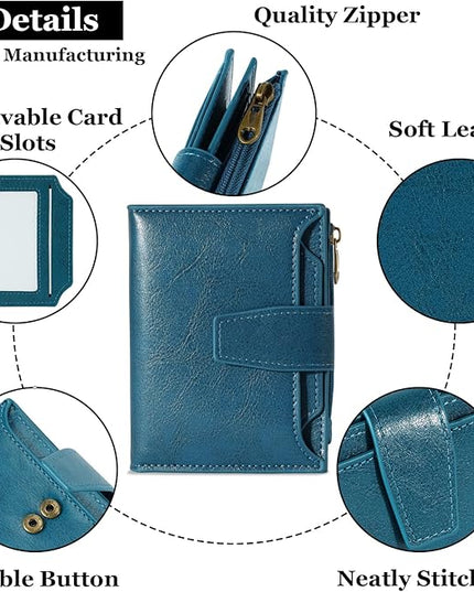Airkit Small Wallet Women RFID Blocking Soft Leather Bifold Compact Card Holder Wallet for Women with Zipper Coin Pocket 4 ID Window