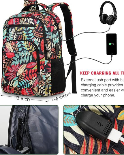 Paude Backpack Leaf Printing,Casual Backpack Bookbag Laptop Backpack with USB for College School Students Work Office Business