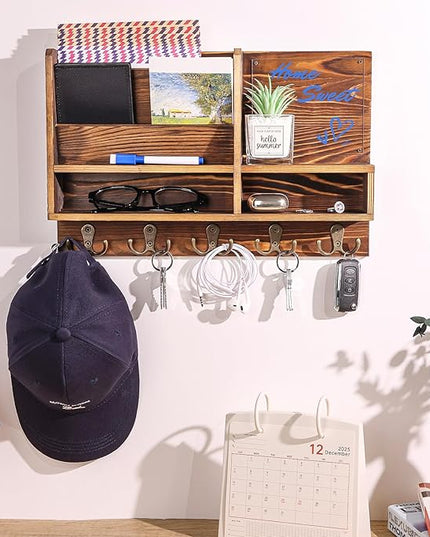 ClyraStor Key Holder Wall Mount, Mail Organizer Wall Mounted, Solid Wood Key Holder for Wall Living Room Entryway Home Decor, with 10 Key Hooks, Shelf, Marker Pen, 15.7" x 10.2" x 2.8"