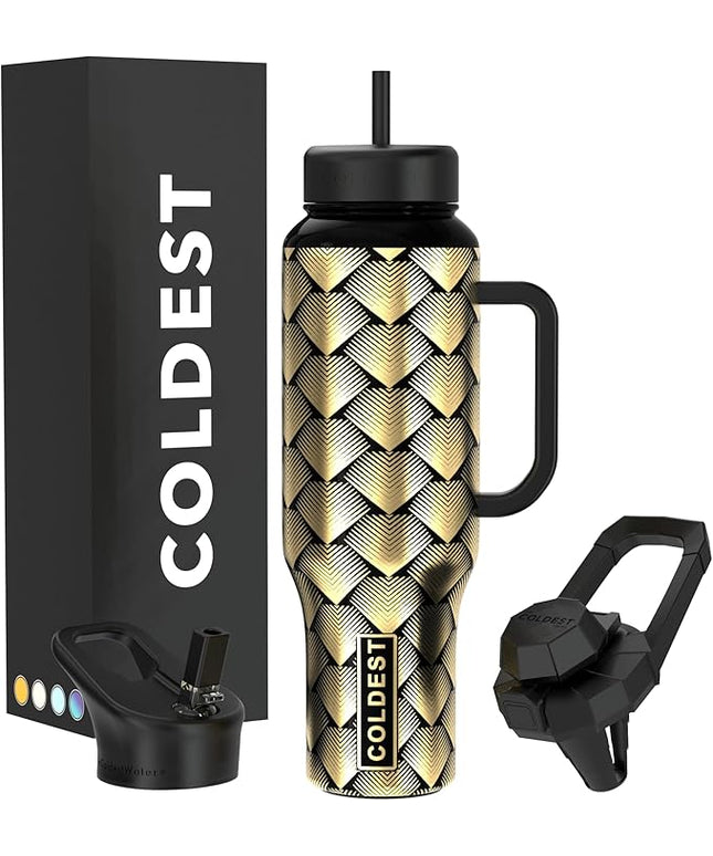 Coldest Tumbler with Handle and Straw - 100% Leak Proof Insulated Tumbler with Lid and Straw (3 Lids) - Stainless Steel Tumblers for Women & Men - Cup Holder Friendly Base, 46 oz (Gold Dragon)