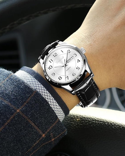 Mens Leather Watch Large Face Classic Quartz Mens Analog Watches Luxury Dress Watches for Men Waterproof Men's Wrist Watch Easy Read with Date Number Dial Relojes para Hombre
