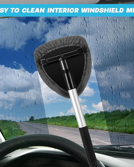 Baderke 10 Pcs Windshield Cleaner Tool Car Window Cleaning Supplies with Extendable Handle Include 6 Washable Microfiber Bonnets 2 Empty 60ml Spray Bottle Glass Wiper Kit (Gray)