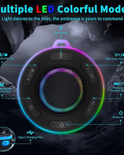Portable Bluetooth Shower Speaker with Led Light,Waterproof Speaker Loud Sound Built-in Mic Hands,Free Suction Cup&Hook,small Shower speakers for outdoor,Beach,Camping,Kitchen,Kayak,Gifts for unisex