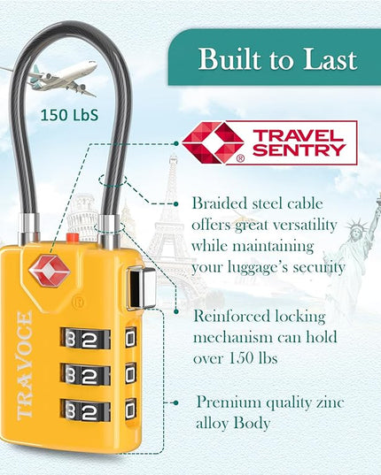 Search Alert TSA Approved Travel Combination Luggage Cable Locks for Suitcase, Gym Locker,Toolbox,Backpack 1,2,4,6 &10 pk (Three Colors)