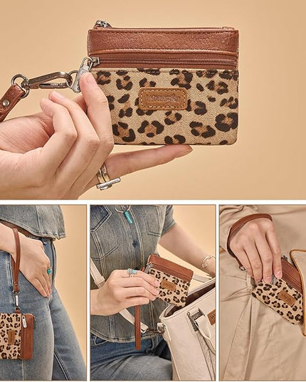 Montana West Wrangler Small Wallet for Women Leopard Print Wristlet Wallets Mini Change Pouch Brown