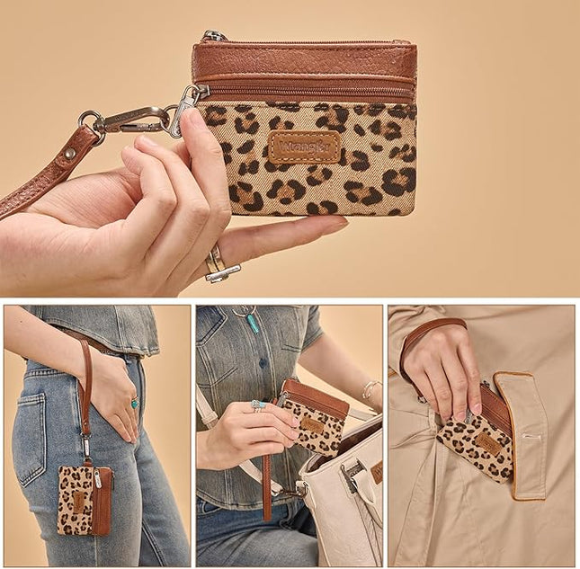 Montana West Wrangler Small Wallet for Women Leopard Print Wristlet Wallets Mini Change Pouch Brown