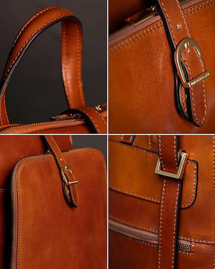 Time Resistance Leather Backpack - Convertible to Shoulder Bag - Full Grain Real Leather Travel Rucksack for Women (Cognac Brown)