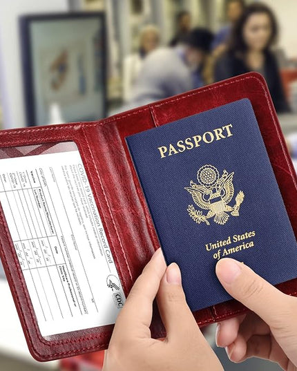 Passport and Vaccine Card Holder Combo with Vaccine Card Slot, Passport Wallet/ Cover/Case/Holder for Women and Men（AC-Wine red）