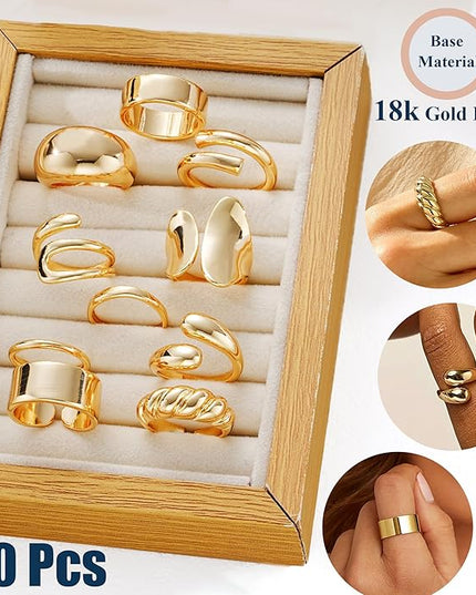 ÌF ME 10 PCS Gold Rings Set for Women Non Tarnish, 18K Gold Plated Chunky Stackable Rings, Statement Stacking Womens Ring Pack