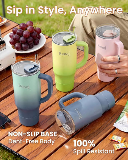 Renoj Tumbler with Handle 100% Spill Resistant Insulated Water Bottle for Iced Coffee & Hot Drinks - Fits Car Cup Holder, Ideal Gift, 2 Straws & Silicone Boot BPA-Free - FlexSlide Blue Gradient 40 oz