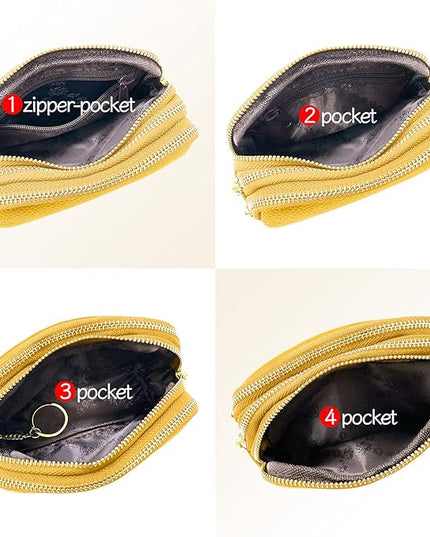 LINNO 3 Zippered Genuine Leather Coin Purse Triple Capacity Change Pouch Little Travel Wallet With Key Ring for Women