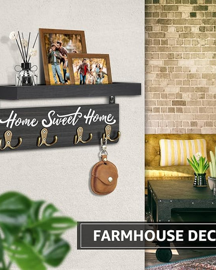 buways Key Holder for Wall Decorative, Rustic Wooden Key Hanger for Wall with 4 Double Key Hooks, Farmhouse Key Holder Rack and Mail Organizer for Home Entryway Decor(Black)