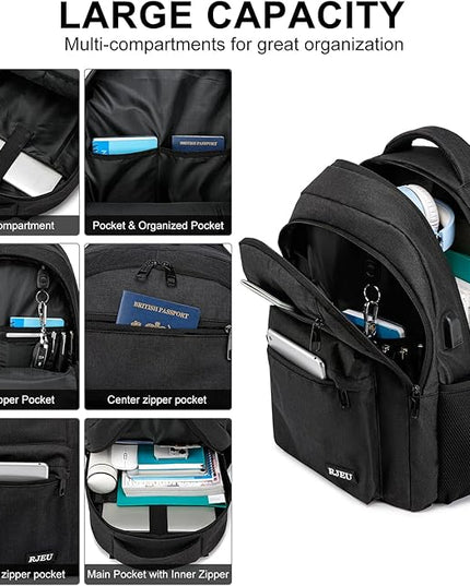 School Backpack for Teen Boys 15.6 Inch, USB Charging Port & Anti-Theft Water Resistant - School Bookbag College Business Ergonomic Backpack for Men Women, Black