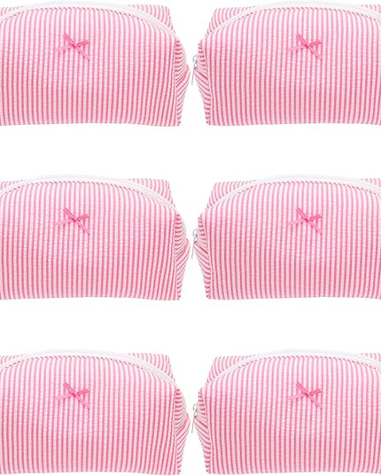 PAZIMIIK 6PCS Cozy Makeup Bag Small Aesthetic Travel Zipper Cosmetic Pouch for Women Make Up Beauty Accessories Brushes, Stripe Hotpink