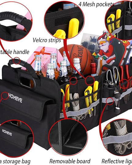 Homeve Trunk Organizer for Car, Collapsible Storage Box, Car Storage Organizer, 3 Compartment, Multi Pockets, Non Slip Strips, Adjustable Securing Straps, Black