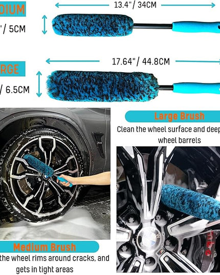 PRO Choice 4 Pack Long Handle Wheel Brush Kit for Cleaning Wheel and Tire- 2X Soft Wheel Cleaning Brush, Detailing Brush and Stiff Tire Brush