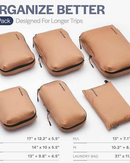Aerotrunk Ultralight Compression Packing Cubes - Lightweight Travel Organizers for Suitcases and Luggage (6-Pack, Mocha)