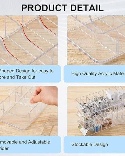 Tatuo 4 Pcs Cable Organizer with 40 Wire Ties, Plastic Cord Storage Charger Box Electronics Organizer with Adjustment Compartments Cable Storage for Drawer Home Office Desk Accessories (Clear)