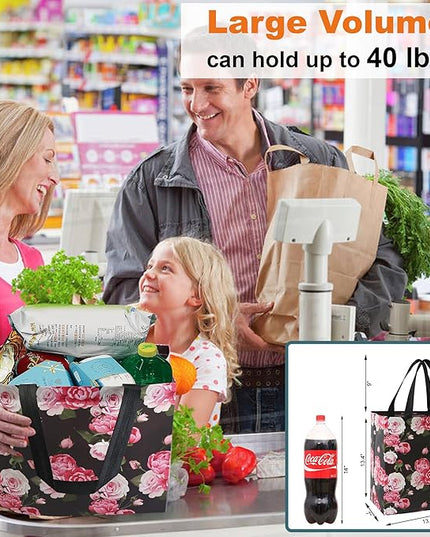 BeeGreen Flower Reusable Shopping Bags For Groceries 6 Pack- Large Foldable Tote Bags- Strong Handles for Heavy Groceries, Perfect for Supermarket, Farmers Market, and Storage Organization