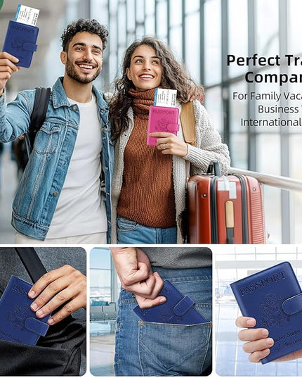 Passport Holder for Travel with Luggage Tag Cover – RFID Blocking Passport Wallet for Women & Men | PU Leather Passport Cover/Passport Case with Extra Money Pocket & Magnetic Clasp – Blue