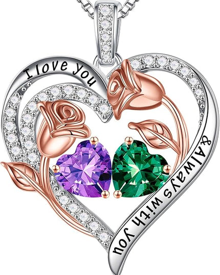 Iefil Christmas Gifts for Women Wife - 925 Sterling Silver Rose Heart Birthstone Necklace Birthday Anniversary Jewelry Gifts for Her Wife Mom Daughter