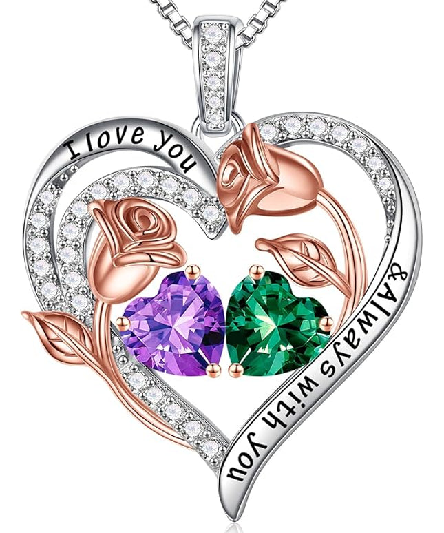 Iefil Christmas Gifts for Women Wife - 925 Sterling Silver Rose Heart Birthstone Necklace Birthday Anniversary Jewelry Gifts for Her Wife Mom Daughter