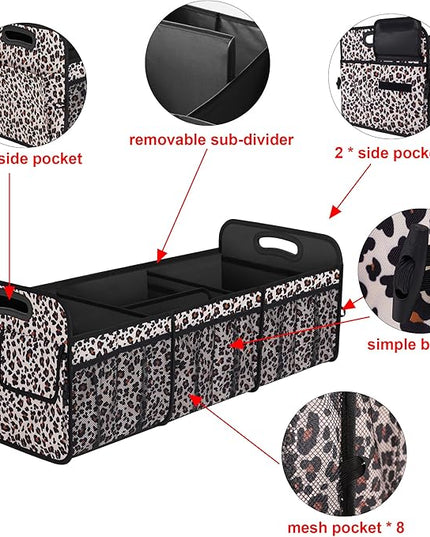 Femuar Collapsible Trunk Organizer - 90L Large Capacity with 15 Pockets, Waterproof for SUV/Car/Jeep/Sedan, Extra Large Leopard Print