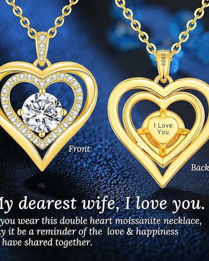 ANDSO Moissanite Heart Pendant Necklaces for Women, 925 Sterling Silver Necklace Engraved with 'I LOVE YOU', Ideal Anniversary Birthday Christmas Jewelry Gifts for Mom Wife Girlfriend Daughter Her