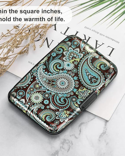 ELFISH Mini RFID Aluminum Wallet Credit Cards Holder Business Card Case Metal ID Case for Men Women (Blue flower)