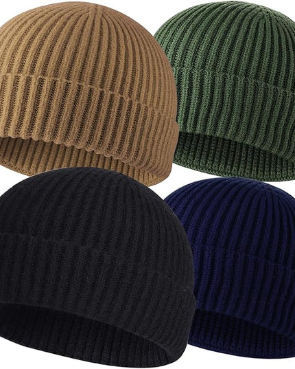 ROYBENS 4 Pack Wool Fisherman Beanies for Men, Knit Short Watch Cap Winter Warm Hats
