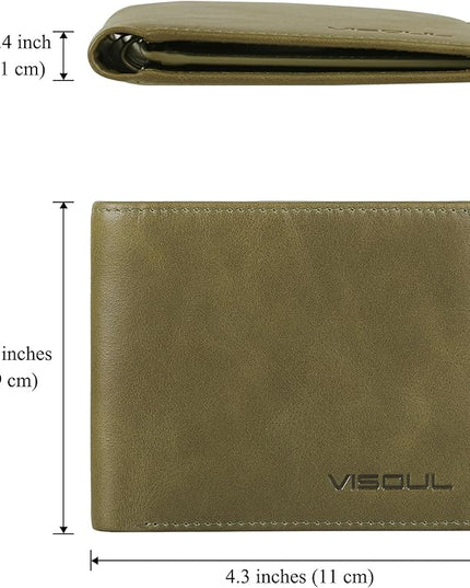 VISOUL Men's Bifold Wallet with 2 ID Windows, Genuine Leather Card Holder Front Pocket Wallet with RFID Blocking for Men (Green)