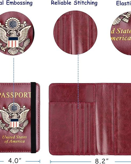 TOURSUIT RFID Blocking Passport Holder for Women Men, Leather Passport Travel Wallet with Metal 3D Metal Badge, Travel Document Holder Cover Accessories (Rose Red)