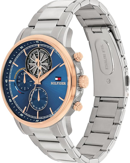 Tommy Hilfiger Men's Multifunction Quartz Watch – 44mm Stainless Steel Case, Double-Layer Dial, Link Bracelet, Skeleton-Inspired Design - Gift for Him