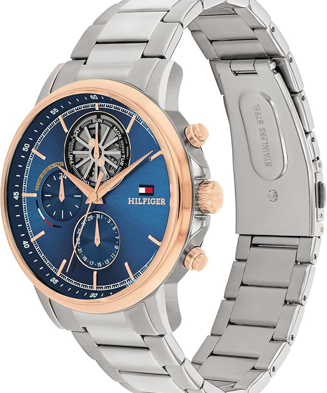 Tommy Hilfiger Men's Multifunction Quartz Watch – 44mm Stainless Steel Case, Double-Layer Dial, Link Bracelet, Skeleton-Inspired Design - Gift for Him