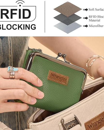 Montana West Wrangler Women's Wallet RFID Blocking Wallets Small Bifold Credit Card Holder with Kiss Clasp Green