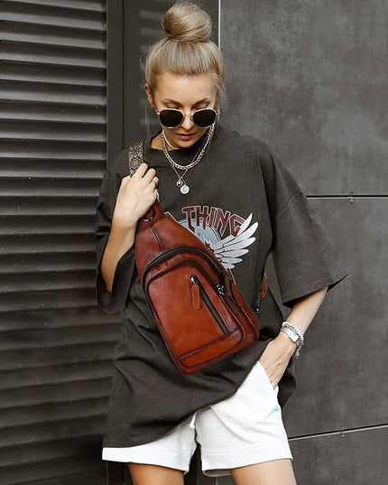 HESHE Leather Sling Bag for Women Crossbody Bags with Multi-Pocket Stylish Fanny Packs for Travel Chest Bag