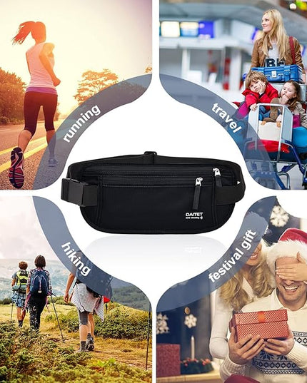 RFID Blocking Money Belt for Men Women, Slim Fanny Pack For Travel，Running,Conceal Waist Wallet For Passport Holder,Phone,Cash(Dark Black)