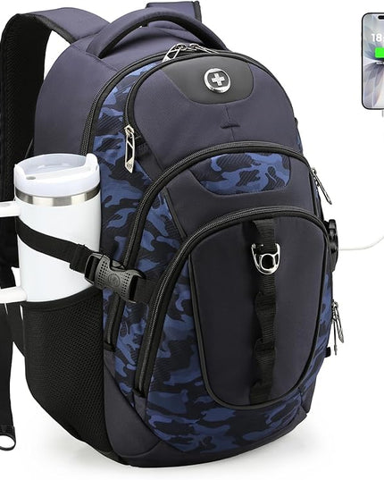 Swissdigital Design Laptop Backpack with USB Charging Port, Travel Backpack Fits 15.6 inches Computer, 31L College School Backpack for Men, Blue Camo | SD803-92