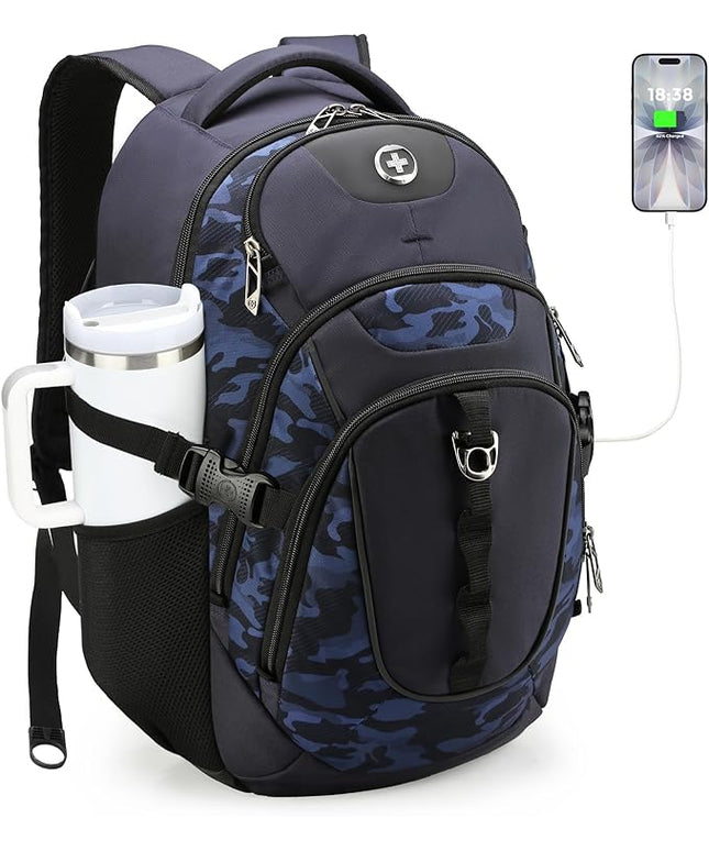 Swissdigital Design Laptop Backpack with USB Charging Port, Travel Backpack Fits 15.6 inches Computer, 31L College School Backpack for Men, Blue Camo | SD803-92