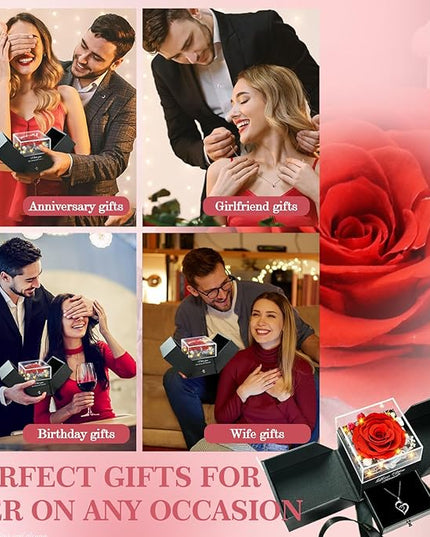 Preserved Real Roses with Heart Necklace I Love You in 100 Languages, Romantic Anniversary Christmas Valentines Day Gifts for Her Women Wife Girlfriend Mom, Forever Roses Necklace Gifts Red