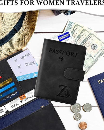 COSHAYSOO Initial RFID Passport Cover for Women Passports Book Holder Case Air Travel Essentials Airplane Flight Accessories Airline Plane Flying Must Haves Traveler Gifts Butterfly Letter Black Z
