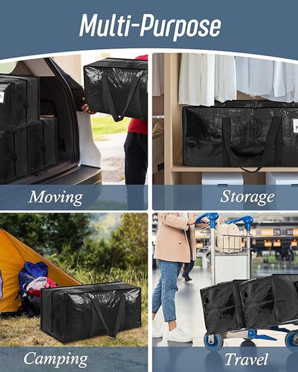 12 Pack Extra Heavy Duty Large Moving Bags with Strong Zipper & Comfortable Handles, Sturdy & Durable Clothes Storage Bags Totes Bins, Packing Moving Boxes for College Supplies, Black
