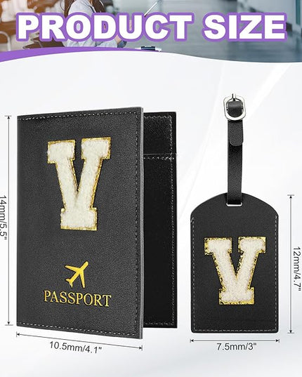 PATIKIL Passport Holder for Travel, Initial Passport Cover and Luggage Tag Set with Alphabet Chenille Letter Patch Travel Wallet Bag Suitcase Identifier for Women Family Travel Black V