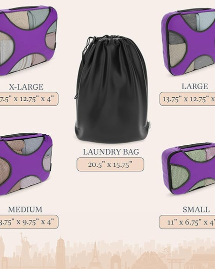 Shacke Premium 5 Packing Cubes Set - Lightweight Mesh Travel Luggage Organizers with Laundry Bag, 5-Piece Suitcase Storage System (Orchid Purple)