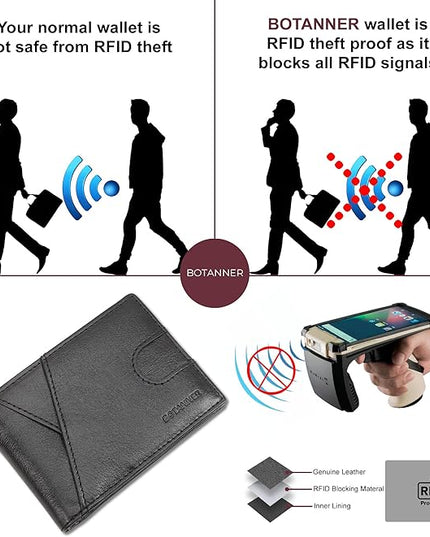 BOTANNER Genuine Leather Mens Bifold Wallet RFID Blocking 7 Credit Card Slots 1 ID Window 1 Section for Bills 2 Additional Slots | Jet black