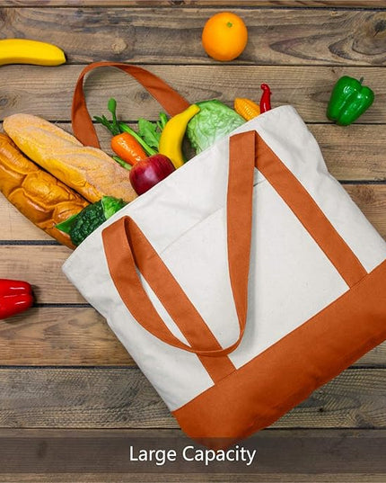 TOPDesign 1-Pack Canvas Tote Bag with an External Pocket, Reusable Grocery Shopping Bag, Top Zipper Closure, Daily Essentials (Orange/Natural)